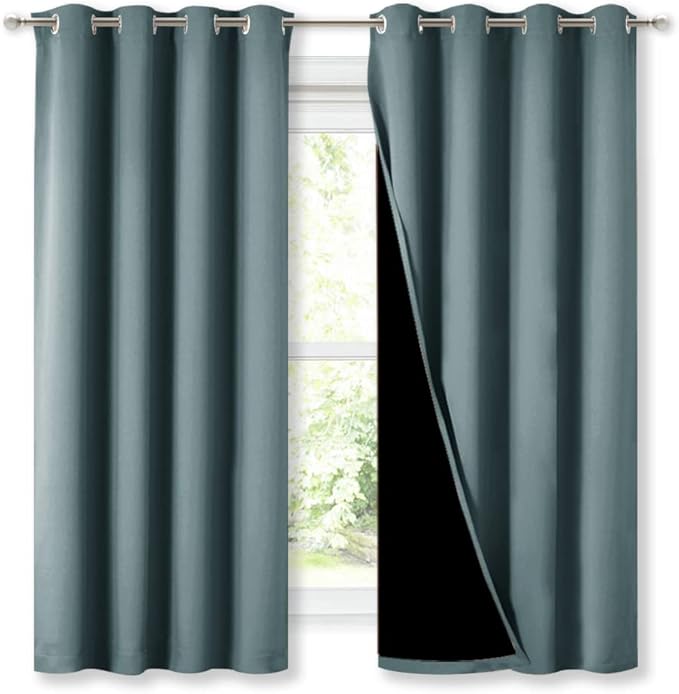 NICETOWN Extra Long Truly Blackout Drapes for Hall and Villa, 46-inch Width Each Panel, 45-inch Length, Greyish Blue, 2 Pieces, 100% Blackout Window Curtains with Black Lined for Night Shift Worker