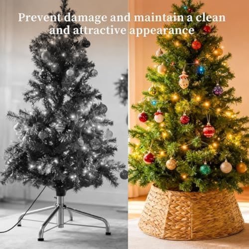 Sweetcrispy 36-inch Christmas Tree Collar for 8-11ft Trees, Woven Hyacinth Rattan 4-Panel Collar w/Cord Access Hole & Easy Lock Design, Handwoven, Natural
