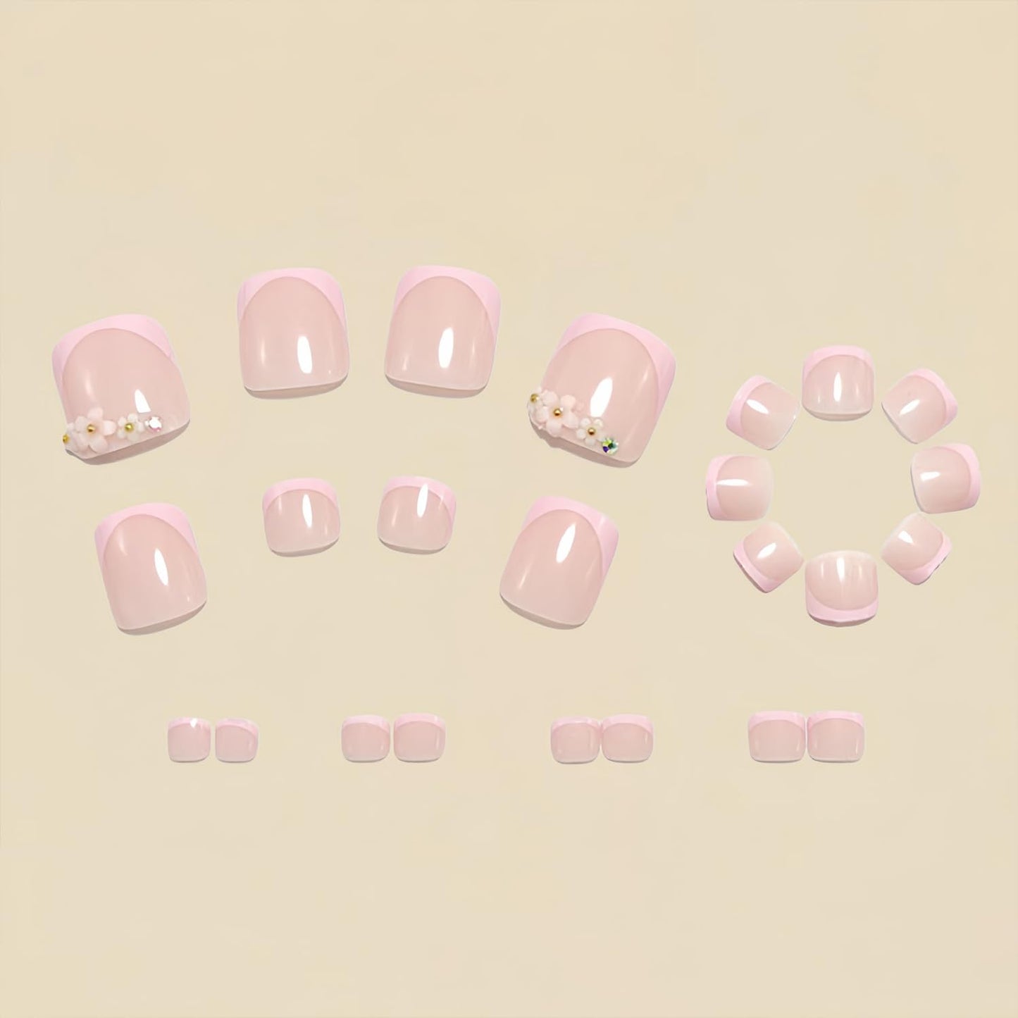 Pink French Tip Press on Toenails Summer False Toenails Cute 3D Flower Toe Nails Reusable Full Cover Toe Nails for Women