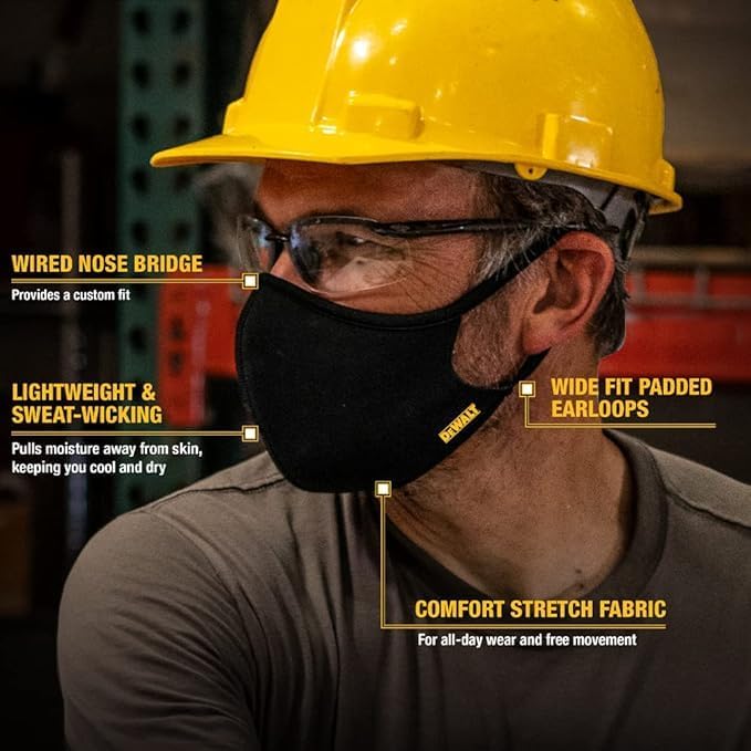 DEWALT Breathable Cloth Face Masks — Adjustable Earloops and Removable Neckstrap — Black — 2-Pack