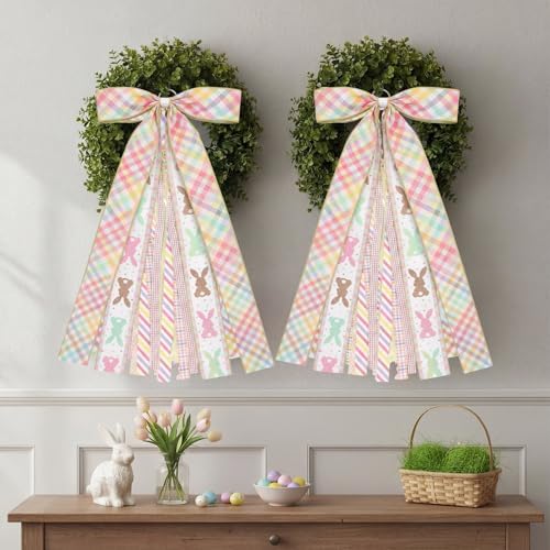 Suncalla 2 Pcs Easter Colorful Rabbits Ribbon Bow for Wreath Front Door