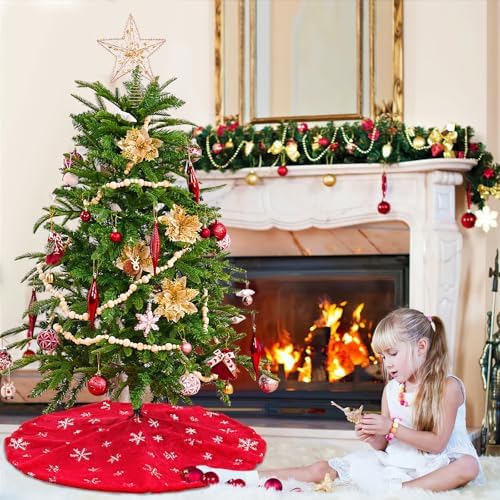 Red Plush Christmas Tree Skirt: 36 Inch Red Faux Fur Tree Skirt with Silver Sequin Snowflakes for Merry Christmas Party Tree Decorations