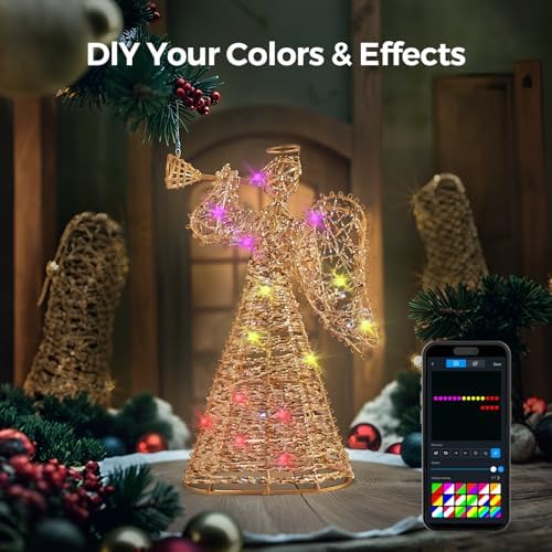 Smart Christmas Tree Topper, 11" RGB Angel Tree Topper, Timer, App Control, USB Powered, Music Sync, Gold Tree Topper for Indoor Party Holiday Decor