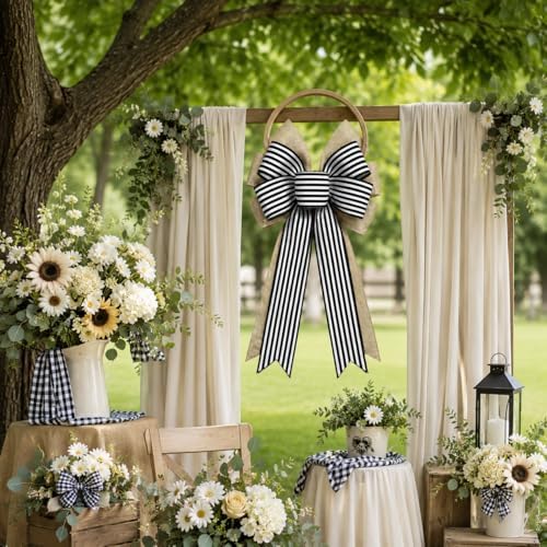 2 Pcs Black and White Striped Burlap Wreath Bows, Large Farmhouse Hanging Bows with Wired Edge, Decorative Bow for Front Door Wreath, Porch, Wall, Stair Rail, Halloween, Wedding, Christmas Decor