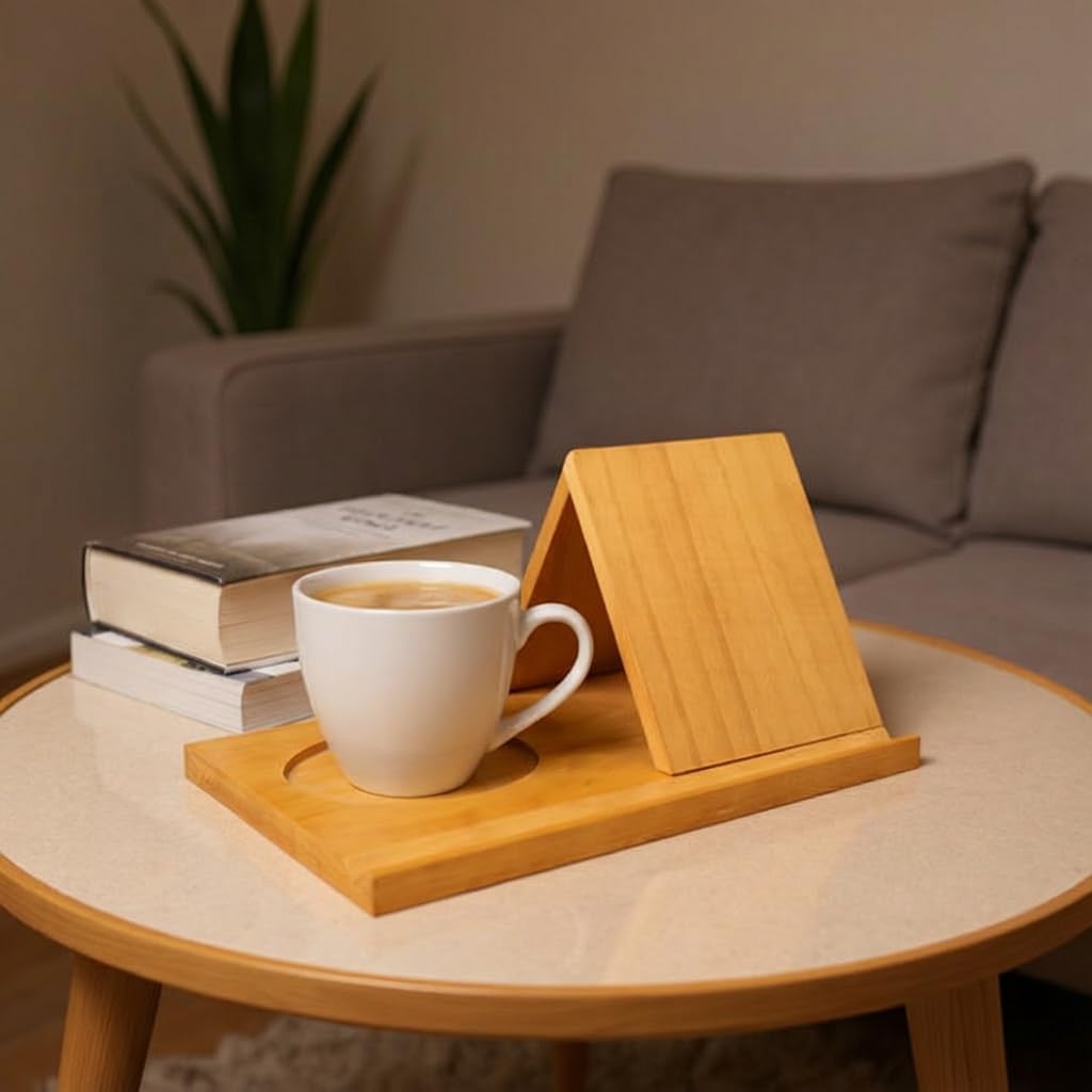 DIY Wooden Book Holder Stand with Drink Holder, Reading Rest Book Display for Desk, Bedside Gift for Book and Coffee Lovers- Brown
