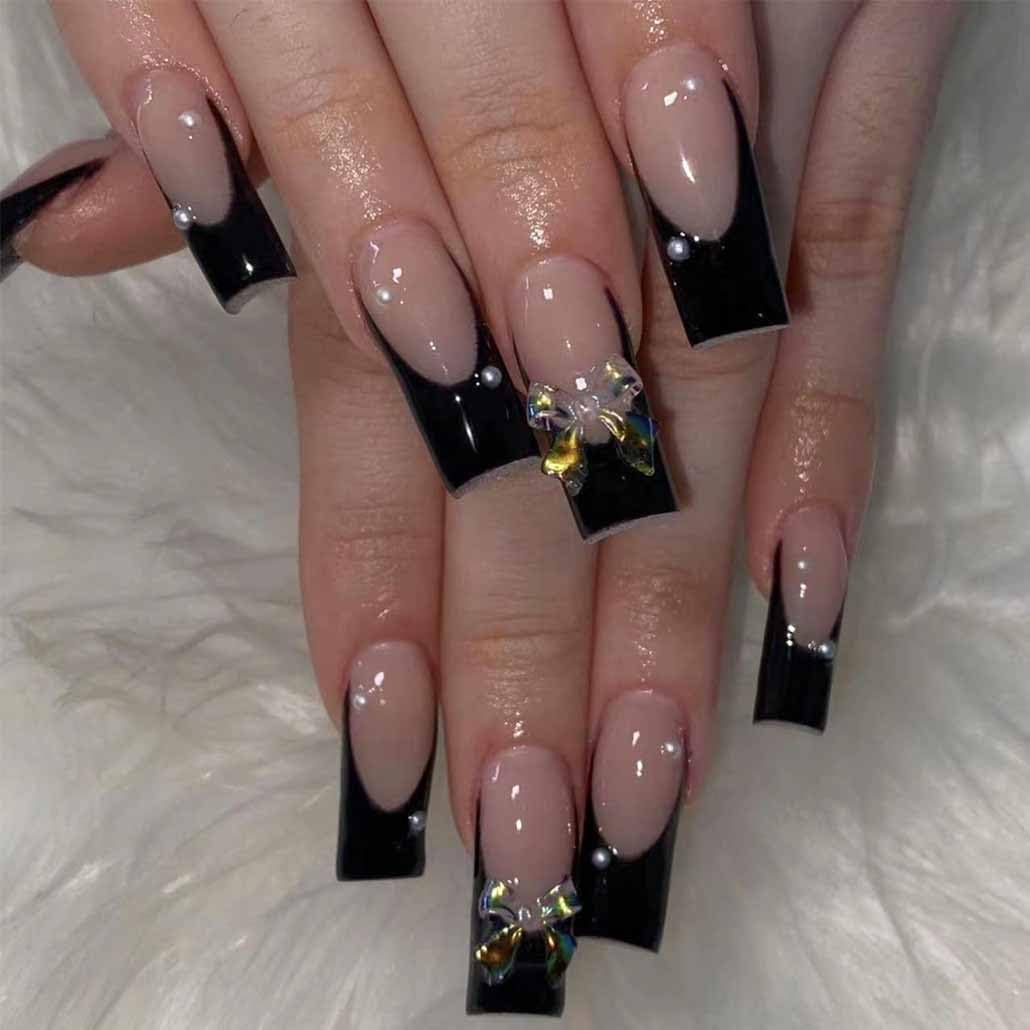 Foccna Black Press on Nails Long, Extra Long Clear Fake Nails Square Acrylic False Nails French,Artificial Nails for Women and Girls,24 pcs
