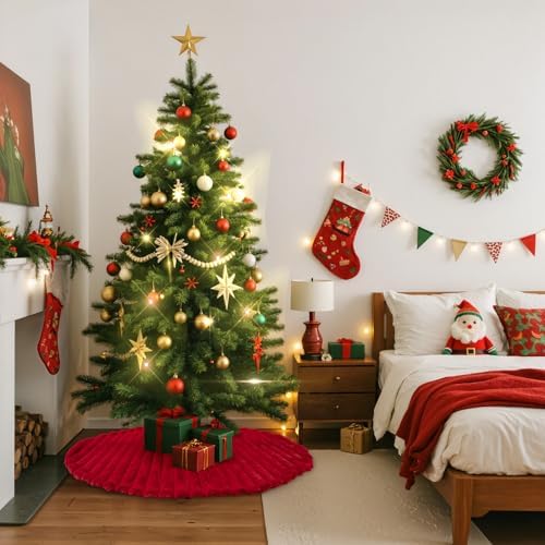 Lanpn Christmas Tree Skirt 48 inch, Faux Fur Xmas Tree Skirt Plush Winter Christmas Tree Mat for Large Artificial Trees Winter Home Party Holiday Indoor Xmas Decorations (Red, 120cm)