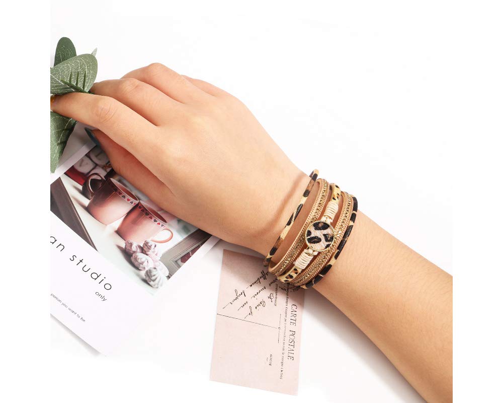 Fesciory Leopard Bracelet for Women, Boho Leather Wrap Multi-Layer Pearl Crystal Bracelet Bangle Jewelry(Khaki Leopard)
