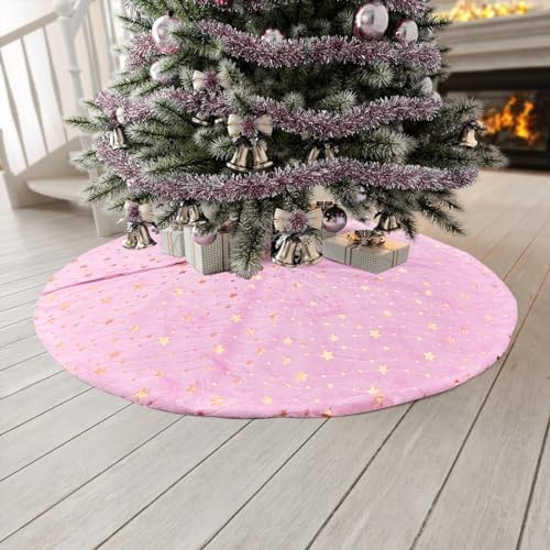 Plush Christmas Tree Skirts, 30 inches Luxury Pink Faux Fur Xmas Tree Base Cover Mat with Gold Stars for New Year Home Party Decorations(Pink Star, 30 inches)