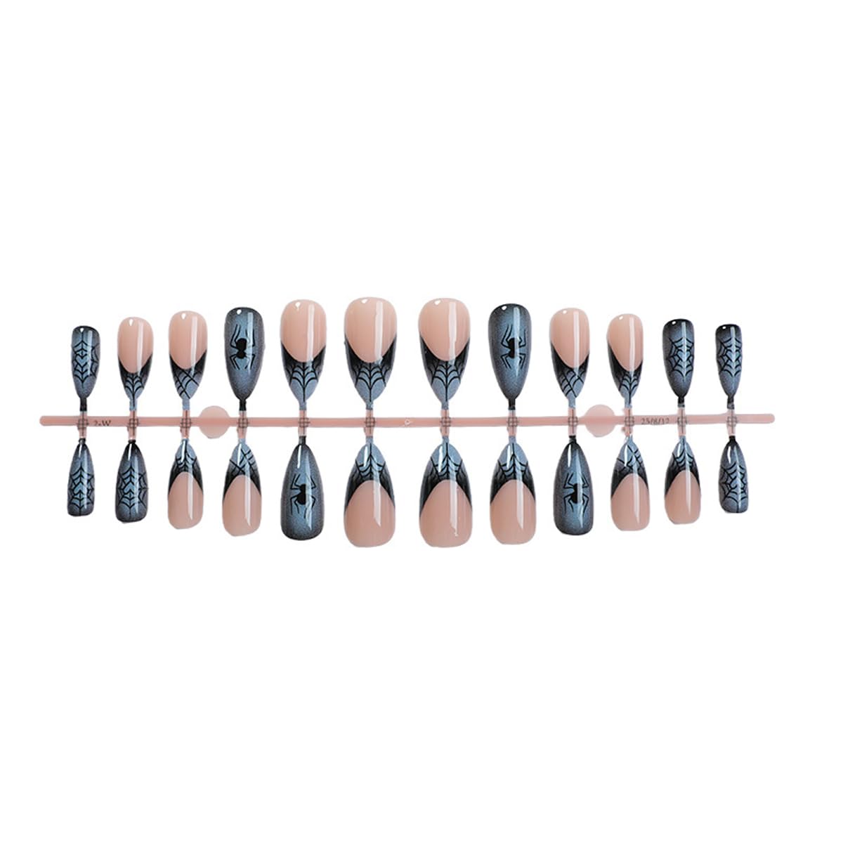 Halloween Press on Nails Almond Fake Nails Gothic French Tip False Nails Press ons with Spider Web Designs Dark Bule Reusable Artificial Nail Full Cover Stick on Nails for Women Manicure 24Pcs
