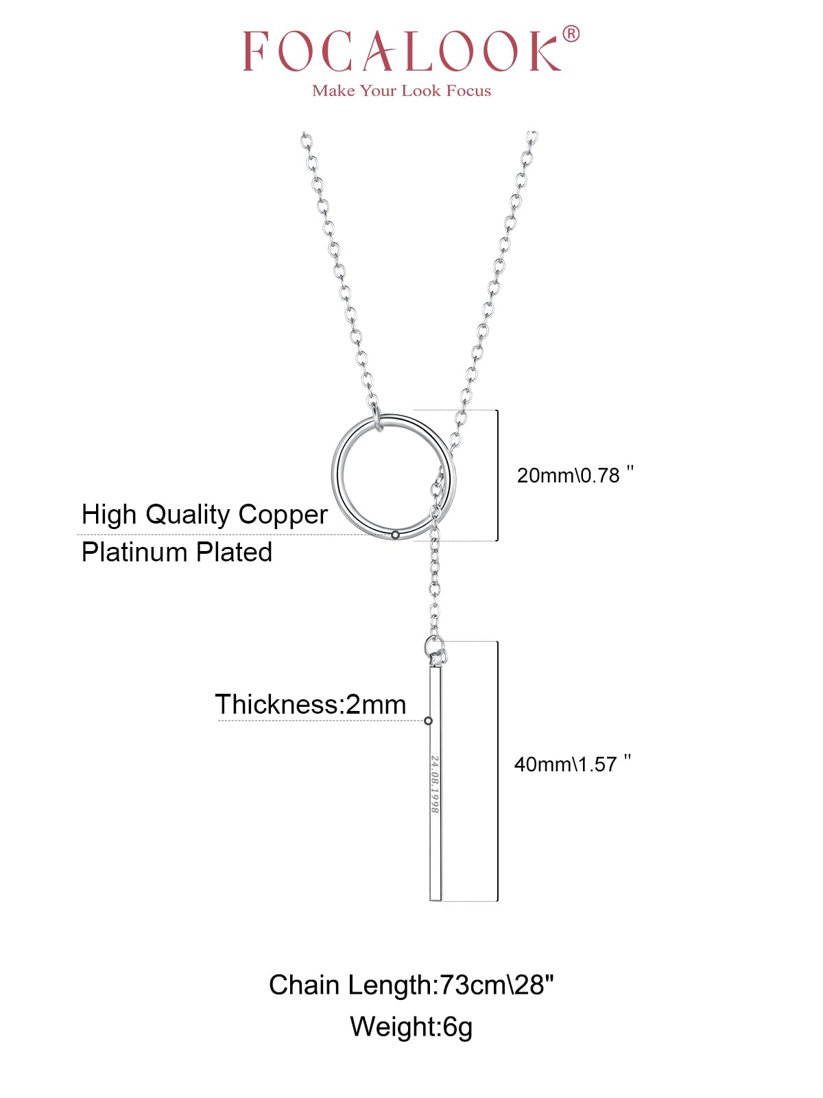 FOCALOOK Long Necklaces for Women Customized Engraved Drop Vertical Bar Pendant Lariat Y Necklace 28inch/73cm