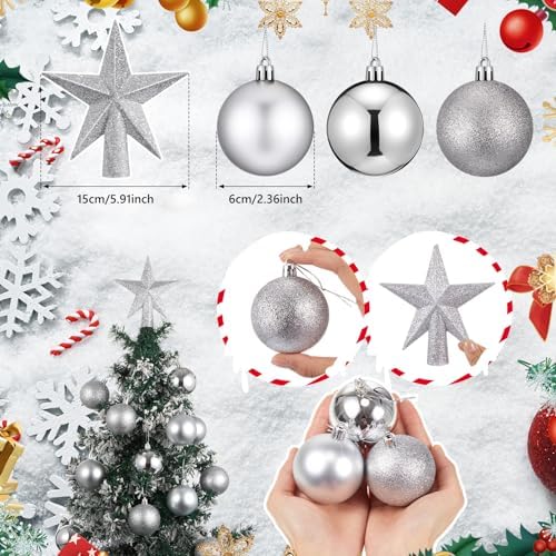 RoundFunny 25 Pcs Mini Christmas Balls Ornaments Set 2.36 Inch Christmas Day Ball Topper Star Tree Hanging Ornaments for Party Decoration(Silver)