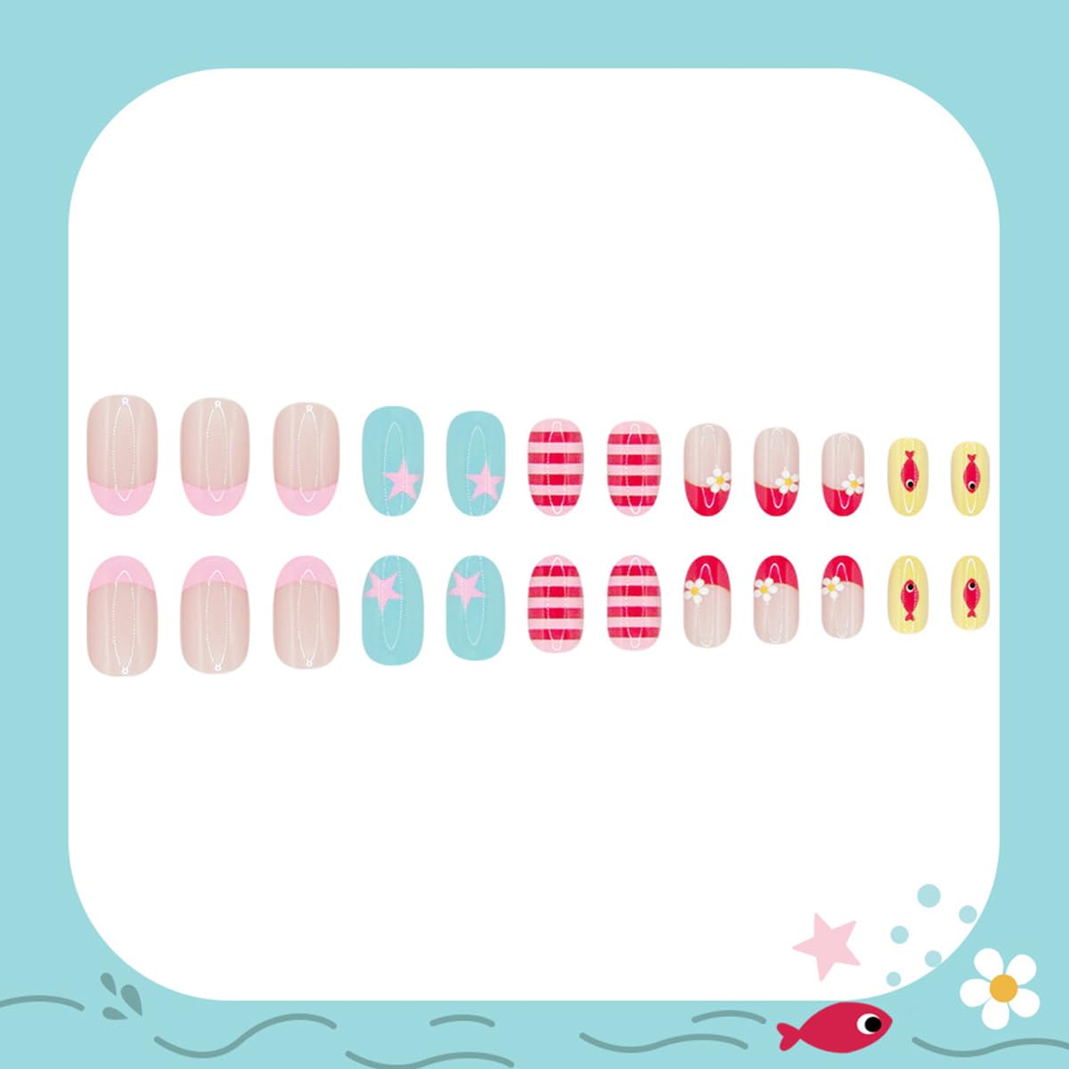 24 Pcs French Tip Press on Nails Short Oval WLGDLH Fake Nails, Summer False Nails Press ons with Ocean Small Fish Star Flower Striped Design, Nude Base Glue on Nails for Women Manicure, Glossy Finish