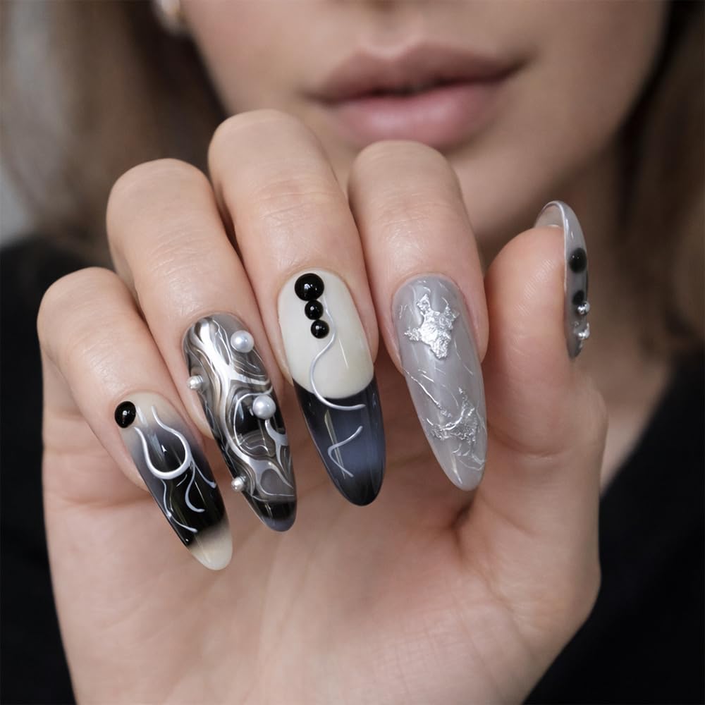 WZHAOJUN Handmade Press On Nails,Medium Black Presson Nails For Women,10pcs Abs Material Fake Nails With Design-Reusable Glue On Hand Made Nails For Party Wedding(10Pcs Size M)