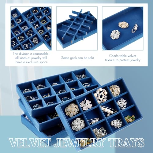 Junkin 12 Pcs Jewelry Tray Velvet Stackable Jewelry Organizer Trays Divided Earring Accessories Storage Containers Box (Rose Red) - color: Peacock Blue