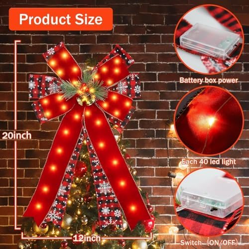 2 Pcs LED Large Red Christmas Bows Decorations, 20” X 12” Red Bow Linen Wreath with Bow Bells, Berry, Pine Cones for Christmas Tree Topper Outdoor Indoor Home Front Door Decor, 40 Warm Lights