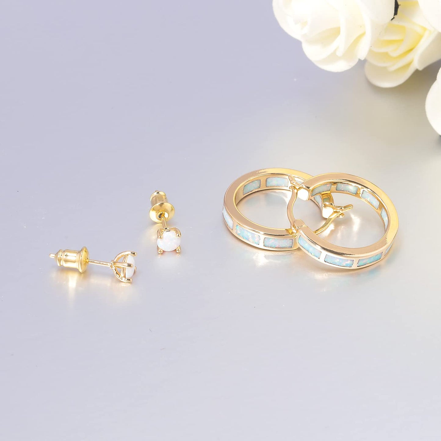 CiNily 2 Pairs Hoop Earring Set for Women Yellow Gold Plated Opal Small Hoop Earring Hypoallergenic Opal Stud Earrings