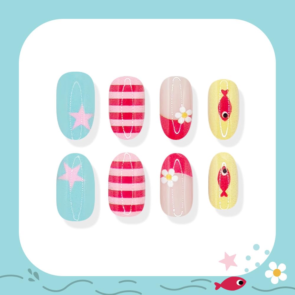 AWDSLUY 24Pcs Cute Summer Beach Press on Nails Short Round Fake Nails with Fish Star Flower Stripe Design Pastel Pink Blue Yellow Glossy False Nails Kawaii Vacation Stick on Nails for Women