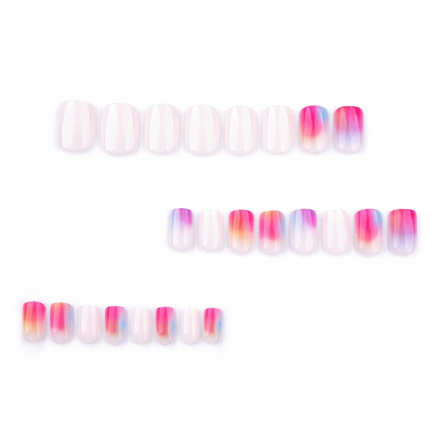 Gentle Claws Haute Press On Nails | Nubela | Gradient Pink, Blue, Orange Multicolor Short Square Nails with Shimmery Glossy Finish