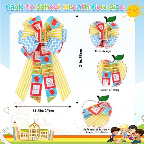 Back to School Wreath Bow, Back to School Decorations Yellow and Blue Stripes Wreath Bow for Tree Topper, Bus, Wall, First Day of School Indoor Outdoor Decorations Supplies