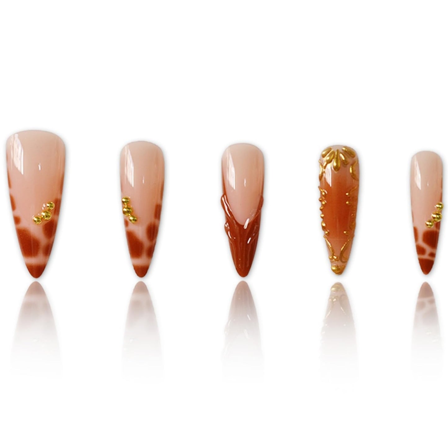 IMSOHOT Press on Nails Long Stiletto Fake Nails Brown Crocodile Print French Tips False Nails with 3D Chrome Gold Pattern Designs Glossy Acrylic Handmade Glue on Nails 24Pcs