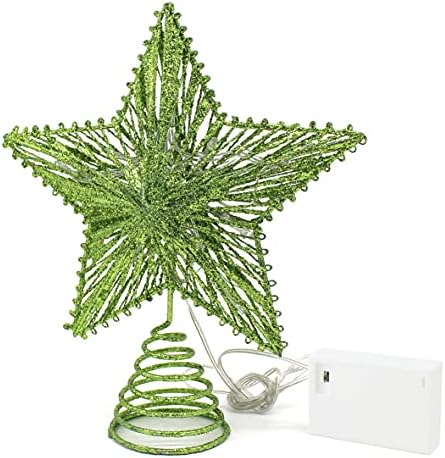 CVHOMEDECO. Green Glittered 3D Tree Top Star with Warm White LED Lights and Timer for Christmas Tree Decoration and Holiday Seasonal D??cor, 8 x 10 Inch