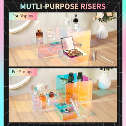 3Pcs Iridescent Risers Display Stands, Stackable Acrylic Cubes Display Box, Nesting Rainbow Showcase for Collectibles Figures Jewelry Perfume Handbag Dessert Party, Neon Food Buffet Riser - color: Iridescent-3pcs