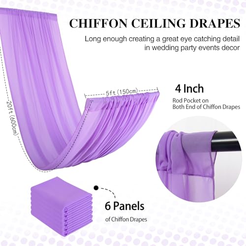 DUOBAO Lavender 5x20ft Chiffon Drapes | Elegant Sheer Wedding Backdrop Curtains | Perfect for Tent, Banquet Hall, and Photography - color: Lavender, size: 60"W x 240"L (Pack of 6)