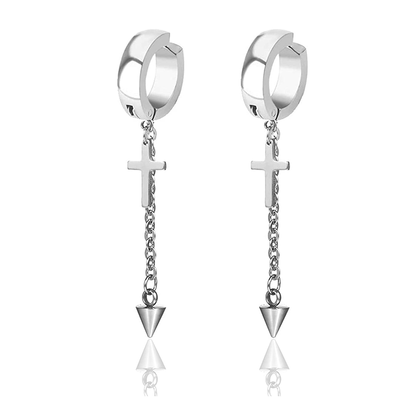 Fusamk Punk Rock Stainless Steel Cross Ear Clip Earrings Long Chain Drop Dangle Earrings(Silver)