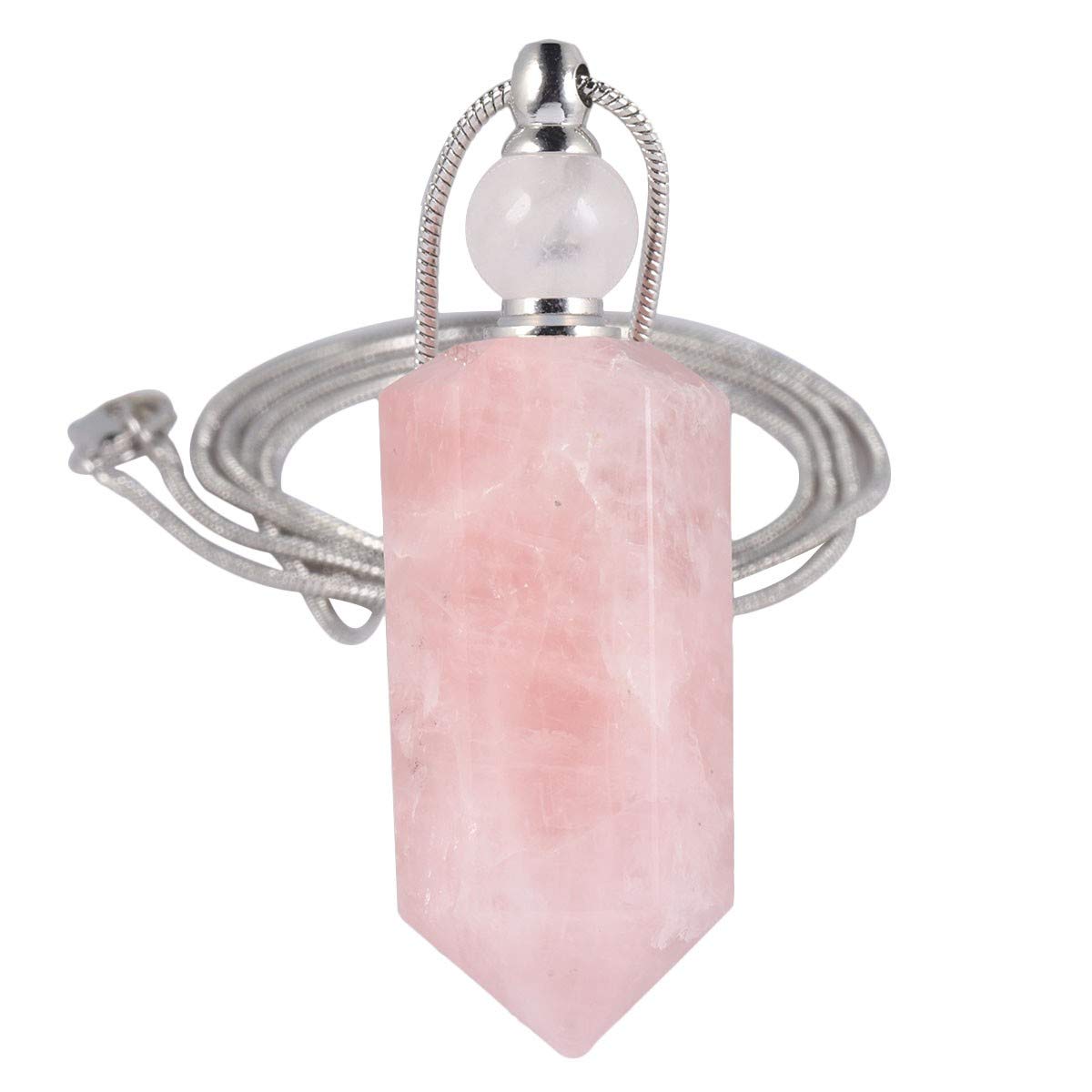 SUNYIK Rose Quartz Stone Essential Oil Diffuser Necklace for Women, Hexagonal Pointed Healing Crystal Perfume Bottle Pendant with Chain for Men, 28"