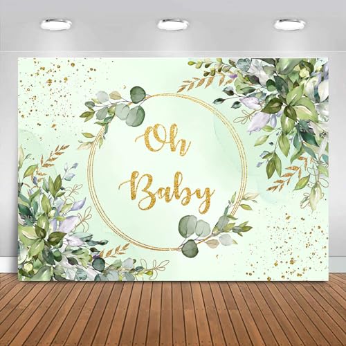 Sensfun Sage Green Baby Shower Backdrop Neutral Greenery Eucalyptus Oh Baby Baby Shower Banner Decorations Photography Background for Boy Girl Gender Reveal Party Decor Supplies Photo Booth Prop 7x5ft - size: 7x5ft