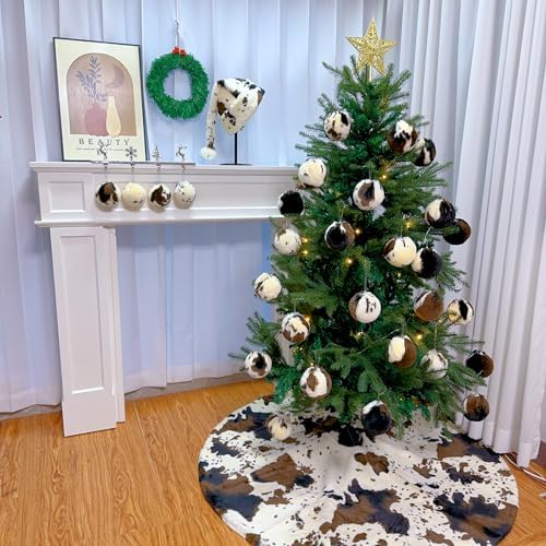 Cow Print Christmas Tree Skirt, Western Cowhide Faux Fur Tree Decorations Mats for Home Party Decorations(30Inch,78CM)