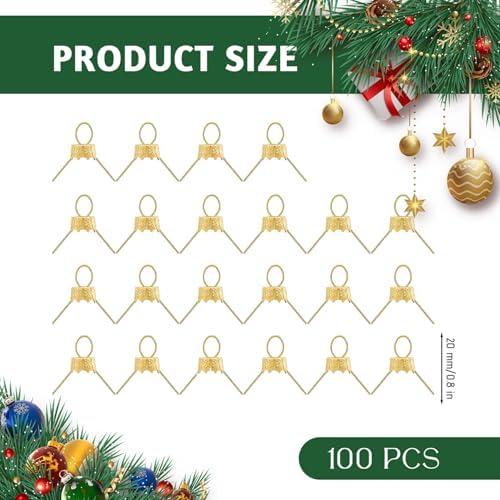 Ornament Hanger, Ornament Caps 100Pcs Secure Metal Christmas Hooks Replacement Hangers for Christmas Tree, Porcelain, Ceramic or Glass Decoration, 20mm, Golden