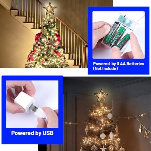 Christmas Tree Topper Star,Rattan Christmas Tree Topper with 50 LED Light,10 Inch Warm White Light Rustic Star for Christmas Tree Decoration Holiday Farmhouse Decor Battery & USB Powered