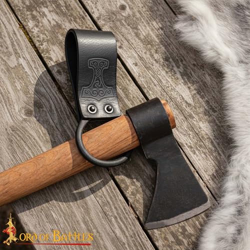Lord of Battles Medieval Genuine Leather Axe Frog | Axe Holster with Belt Loop | Waist Holder for Axes, Tools - color: Mjolnir - Black