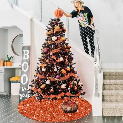 FUHSY Orange Tree Skirt Large Christmas Tree Skirt 48 Inch Halloween Tree Rugs Glitter Sequin Tree Cover Xmas Decorations Fall Thanksgiving Tree Mat Sparkly Christmas Skirts Tree for 6ft Xmas Trees