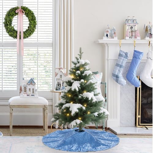 Poise3EHome Baby Blue Christmas Tree Skirt, 24 Inch Sequin Tree Skirt