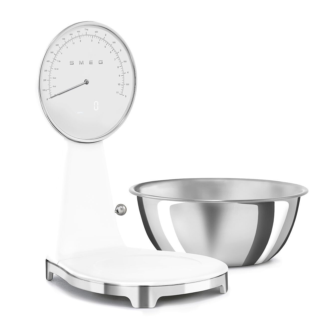 SMEG Retro-Style Analog & Digital Kitchen Scale, 11 lb Capacity, Rechargeable Battery, Backlit LCD Display, Stainless Steel Bowl (White)