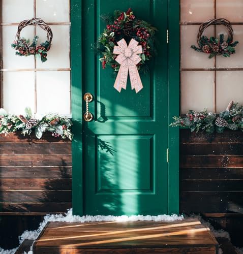 Large Christmas Bow for Wreath, Glitter Pink Snowflakes Wreath Bow for Christmas D??cor Winter Bow for Front Door Indoor Outdoor Wall Tree Topper Decoration Supplies Xmas Hanging Ornament