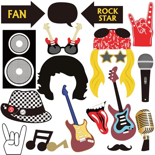 SUNBEAUTY 18 Pcs Rock and Roll Birthday Party Decorations Music Note Guitar Star Photo Booth Props Music Theme Party Supplies - color: Photo Props-rock and Roll