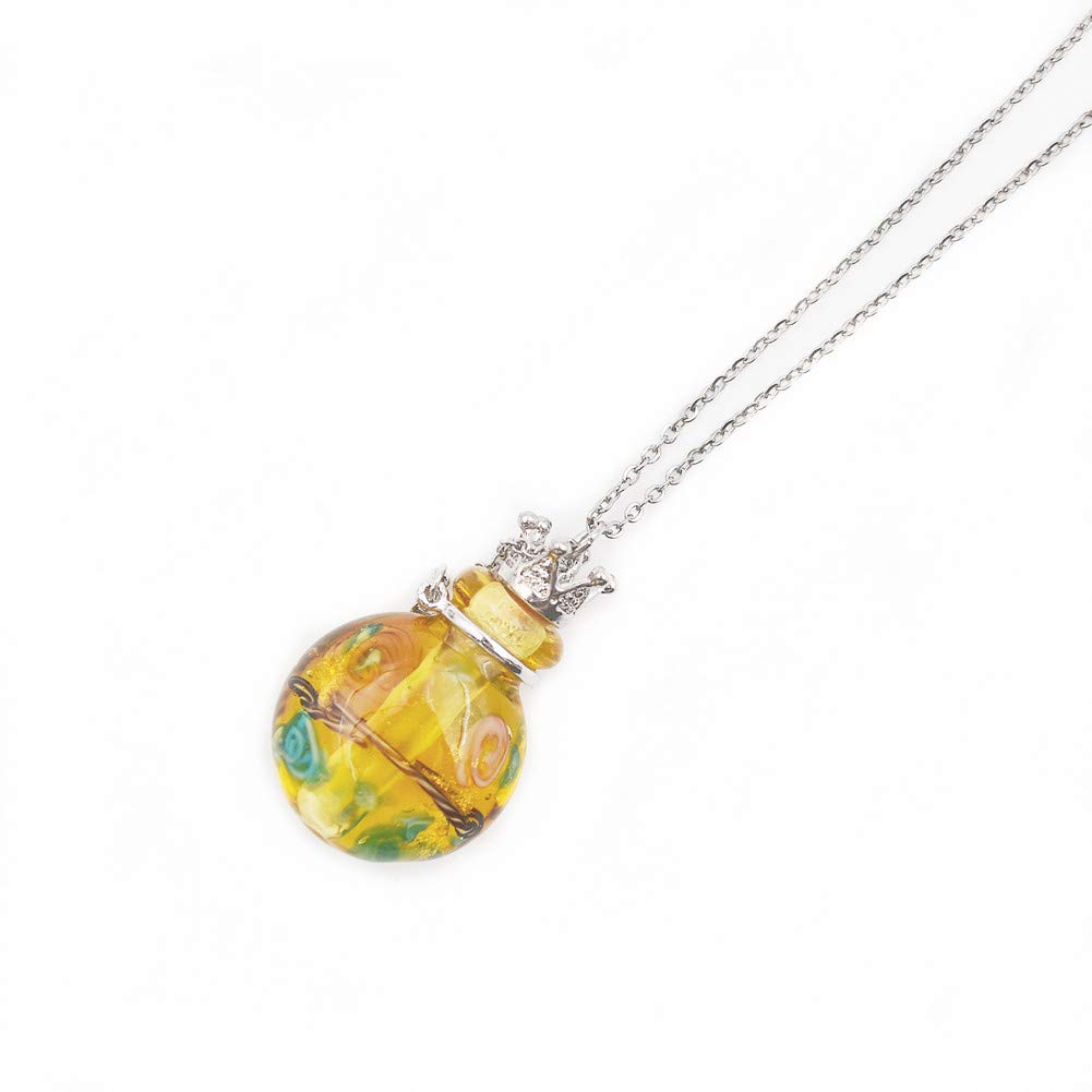Stainless Steel Colored Glass Pendant Necklace Diffuser Perfume Pendant Aromatherapy Charms (Yellow)