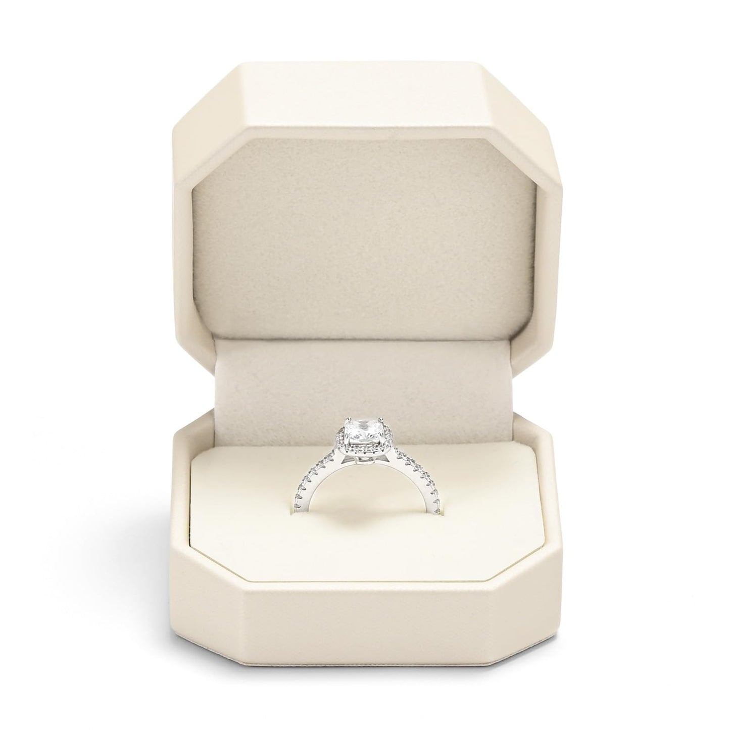 Woodten Octagonal PU Leather Jewelry Ring Gift Box Beige Small Engagement Proposal Ring Box