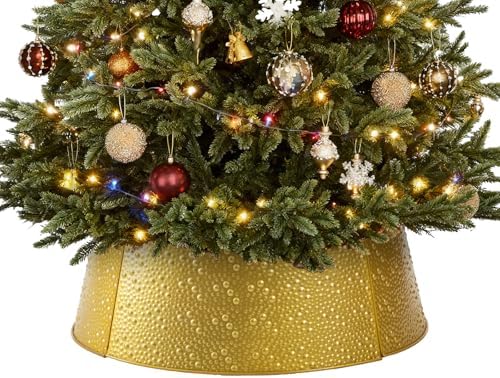 Sweetcrispy 26inch Metal Christmas Tree Collar, 4-Panel Base Cover for 7.5ft Artificial Trees, Rustproof & Easy Assembly, Sturdy & Durable for Holiday Decor, Gold