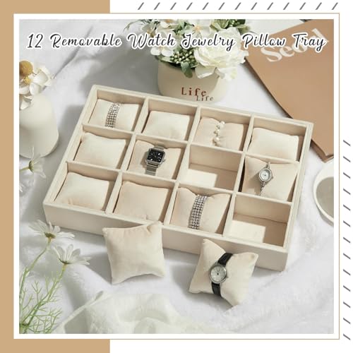 Henoyso 2 Pieces 12 Grid Velvet Watch Tray Jewelry Organizer Stackable Watch Bracelet Bangle Display Holder Adjustable Pillow(Beige) - color: Beige, size: 12 Grid