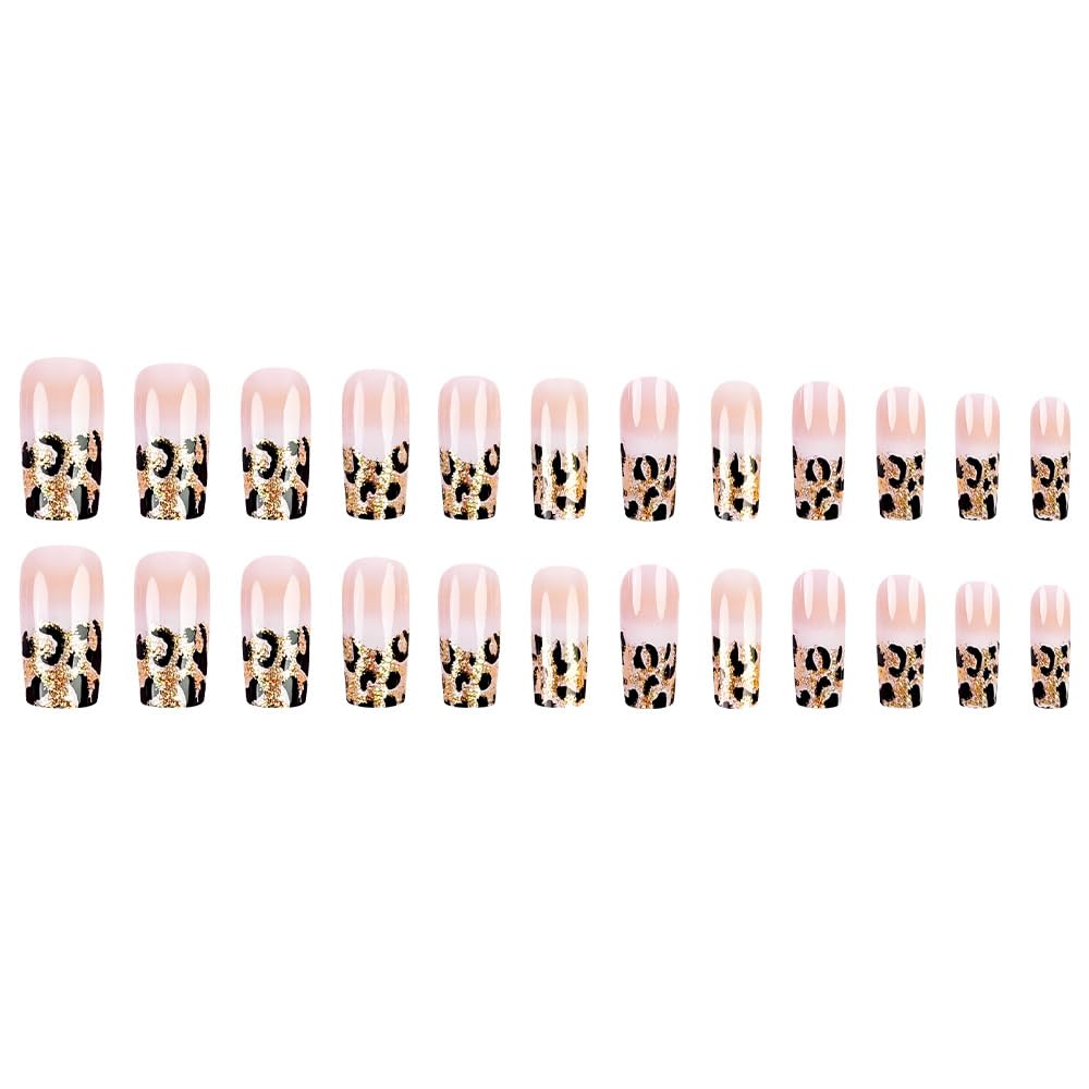 Leopard Print French Tip Press on Nails Long Square Nude Gradient Gold Glossy Fake Nails with Glue Coffin Shape Glitter Acrylic Nails for Women Manicure Decoration 24PCS Reusable False Nails
