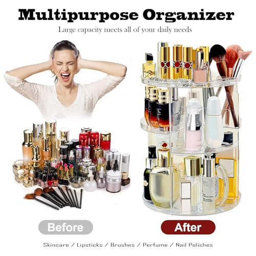 360 Rotating Makeup Organizer for Vanity Adjustable Cosmetic Display Case Large Capacity Skincare Organizers Perfume Organizer Spinning Holder for Countertop Vanity and Bathroom
