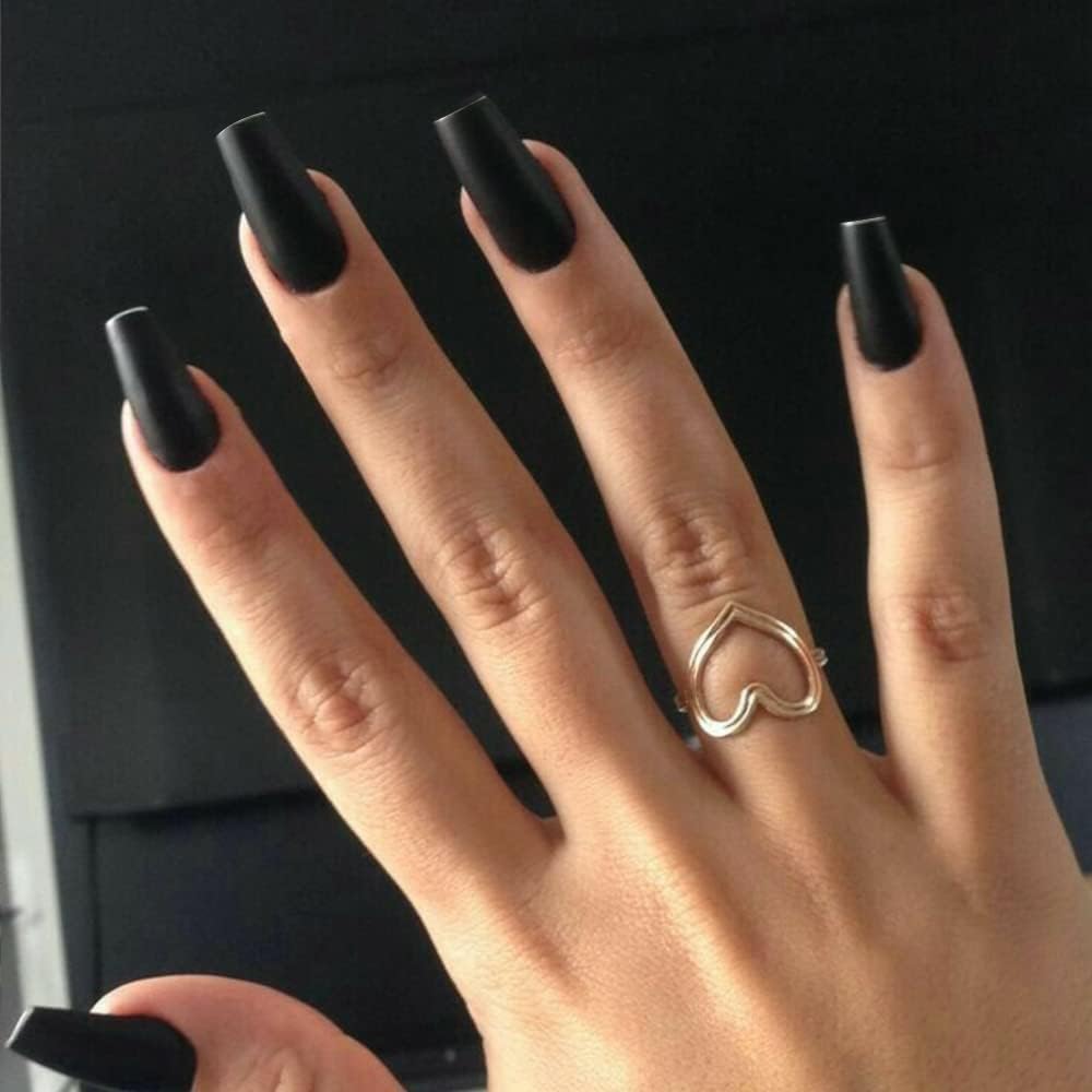 KQueenest Matte Black Press on Nails Long Medium Square, Dark Black Fake Nails Medium Coffin, Sheer Color Acrylic Nails Press ons, Reusable Soft Gel Glue on Nails for Women Fall Winter