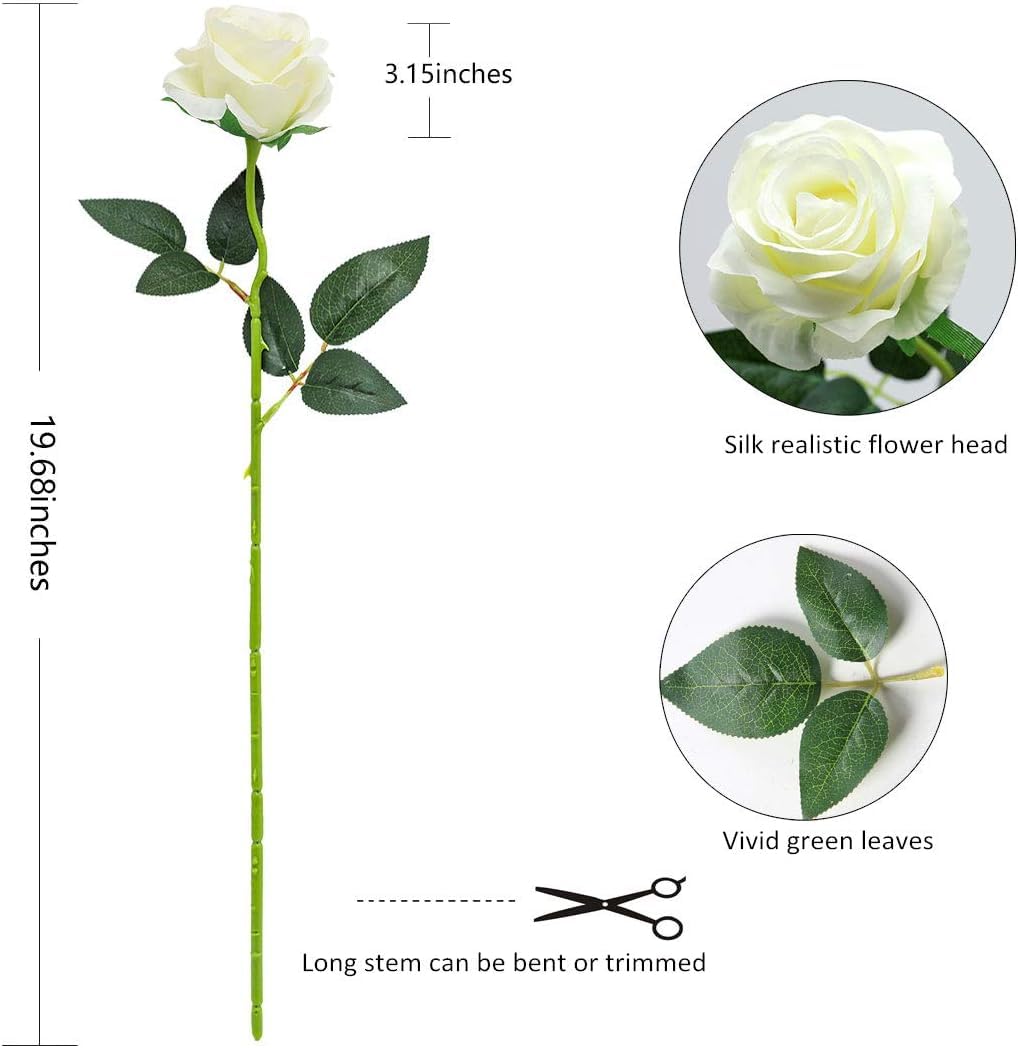 FLORRALIA White Fake Roses Artificial Flowers - 16 Pcs Fake Artificial Roses Silk Flowers with Stems for Home Wedding Hotel Office Centerpiece Decor