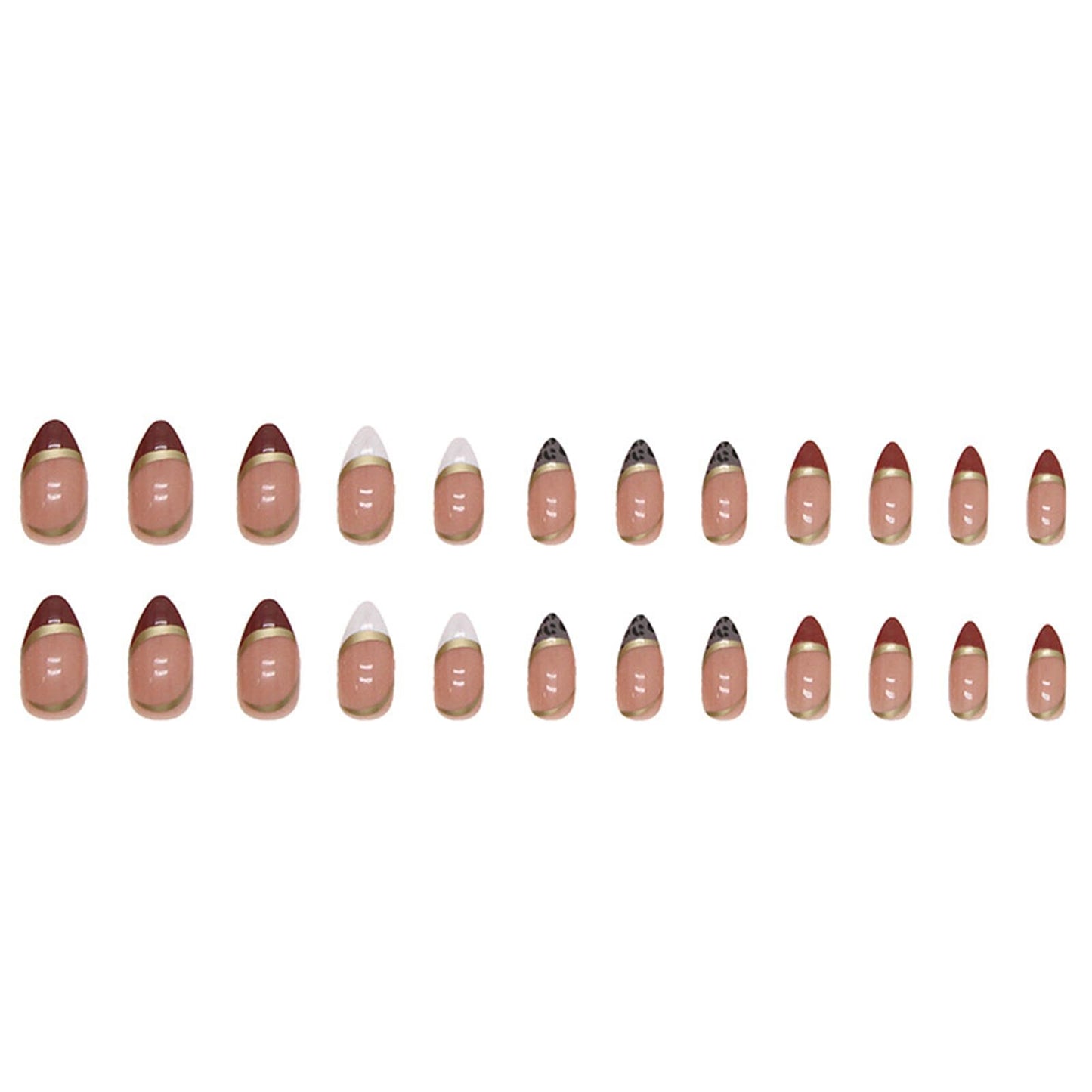 Short Almond Press on Nails Gold Line Fake Nails Glossy Red French Tip Artificial Acrylic Nails Leopard Stick on False Nails Glue on Nails 24 pcs