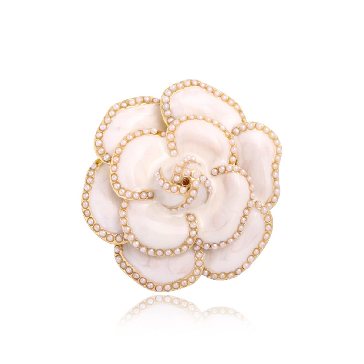 Enamel Camellia Pearl Brooch - Elegant Petal Pin Wedding & Party Brooch Gift (White)